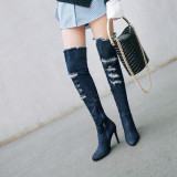 Arden Furtado 2018 spring autumn zipper sexy stilettos party shoes ladies pointed toe over the knee high blue jeans denim boots