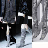 2018 autumn winter fashion cone heels high heels silver sequined cloth knee high boots sexy women's shoes