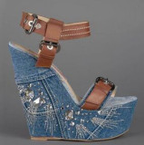 wedges sandals platform blue jeans denim open toe buckle shoes women's ladies high heels 15cm