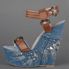 wedges sandals platform blue jeans denim open toe buckle shoes women's ladies high heels 15cm