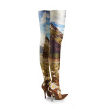 women's shoes over the knee boots seaview printing Stretch boots big size shoes ladies fashion thigh boots