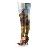 women's shoes over the knee boots seaview printing Stretch boots big size shoes ladies fashion thigh boots