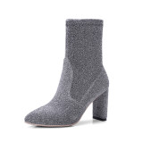 Arden Furtado spring autumn slip on chunky high heels 8cm pointed toe silver bling bling glitter socks boots women's shoes
