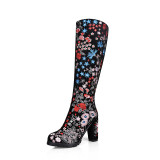 Arden Furtado 2018 winter fashion shoes zipper Ethnic flowers print chunky heels high heels 9cm women's shoes boots woman