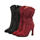 2018 winter glitter mid calf zipper boots stilettos women's shoes fashion ladies sexy high heels bling bling pleated burgundy boots