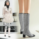 bling bling knee high boots women's shoes big size 43 chunky heels 4cm glitter winter boots