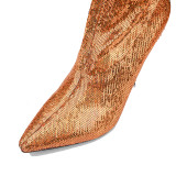 Stretch boots mid calf boots stilettos high heels 10cm dollar gold sequins glitter women's boots big size