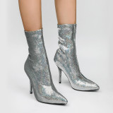 Stretch boots mid calf boots stilettos high heels 10cm dollar gold sequins glitter women's boots big size
