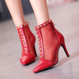 Arden Furtado spring autumn sexy rivets stilettos party shoes ladies back zipper mesh summer boots pointed toe ankle boots red shoes
