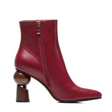strange heels pointed toe burgundy matin boots size 33 ankle boots women's shoes ladies high heels genuine leather boots