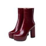 Arden Furtado spring autumn chunky heels 11CM burgundy boots party shoes ladies round toe platform half boots