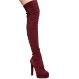 Arden Furtado 2018 spring autumn sexy chunky heels 14cm party shoes ladies slip on pointed toe burgundy over the knee Stretch boots