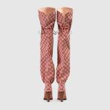 Arden Furtado 2018 autumn winter fashion high heels 8cm red over the knee boots shoes woman round toe cross tied gingham boots big size 45