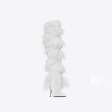 Arden Furtado autumn white black blue feather knee high boots ladies fashion women's shoes cone heels boots