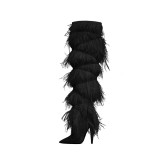 Arden Furtado autumn white black blue feather knee high boots ladies fashion women's shoes cone heels boots