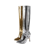 Arden Furtado 2018 spring autumn winter high heels 10cm stilettos knee high boots woman shoes ladies gold silver boots big size 41 42 43
