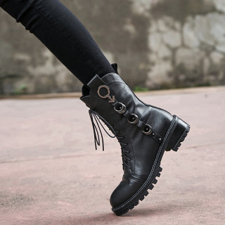 Arden Furtado Autumn winter square heels genuine leather boots round toe motorcycle ankle boots black  cross tied matin boots