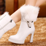 fox fur shoes women's shoes ladies platform snow boots white fashion genuine leather high heels booties