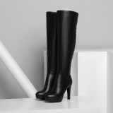 platform high heels 10cm genuine leather knee high boots black white sexy boots winter stilettos boots gingham shoes women