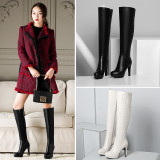 platform high heels 10cm genuine leather knee high boots black white sexy boots winter stilettos boots gingham shoes women