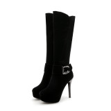 fashion boots platform high heels 12cm stilettos platform round toe large size 42 women's shoes crystal buckle shoes