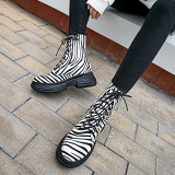 horsehair fashion lace up wedges matin boots striped flat round toe casual shoes for women ladies ankle boots