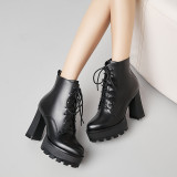 chunky heels fashion women's boots matin boots thick heels 11cm genuine leather cross tied platform shoes SIZE 40