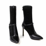 stilettos heels women's boots booties large size 41 42 43 high heels 10cm pointed toe genuine leather fashion mid calf boot small size 33 buckle Stretch boots