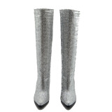chunky heels fashion women's boots large size crystal rhinestone shiny pleated knee high boots small size 33