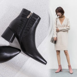 women's boots pointed toe chunky heels short boots  Brass buckle decorated