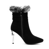 Fashion women's shoes in winter 2019 stilettos heels pointed toe elegant short boots party shoes add wool upset black consice