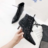 Fashion women's shoes in winter 2019 cross tied lace up stilettos  heels white leather consice short boots pointed toe elegant women's boots sexy