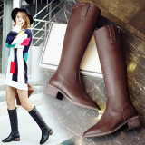 Long style chunky short heel boots for women chunky heels fashion booties knee high boots women's shoes ladies genuine leather brown color