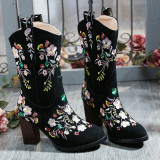 Ethnic style black embroidery women's boots round head thick high heel large size 43 mid calf booties half boots