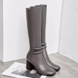 Solid color style web celebrity hot style boots for women chunky heels knee high boots grey genuine leather booties fashion high heels big size shoes