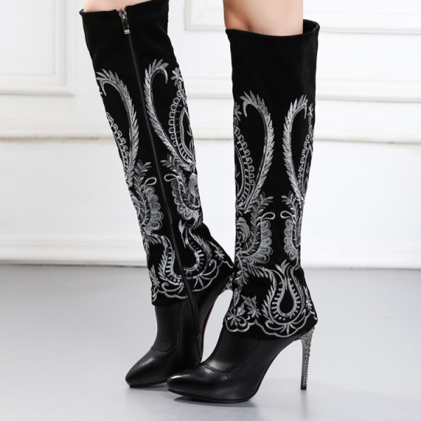 Autumn winter fashion knee high boots Ethnic embroidery stilettos large size women's shoes sexy high heels