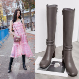 Solid color style web celebrity hot style boots for women chunky heels knee high boots grey genuine leather booties fashion high heels big size shoes