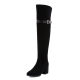 The genuine product guarantees the black leather metal button decoration to increase the long style and knee boots