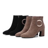 Big shop temperament metal circle decorates pure color thick heel female short boots