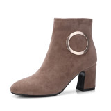 Big shop temperament metal circle decorates pure color thick heel female short boots