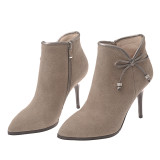 Pure color fresh tie with bow elegant female zipper stiletto ankle boots
