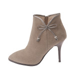 Pure color fresh tie with bow elegant female zipper stiletto ankle boots