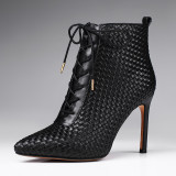 European and American brand name whole leather hand braid is braided narrow high heel female boot big size 41
