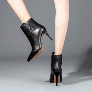 Real leather shoes black hot style temperamental boots pointed thin high heel female short boots