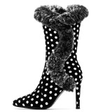 Warm women's shoes big flower and wave dot two-color shoes pointy stilettos women's middle boots big size 43
