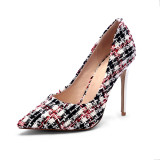 European and American fine top and high heel women's single shoe plaid pattern daily party single shoe size 45