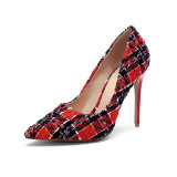 European and American fine top and high heel women's single shoe plaid pattern daily party single shoe size 45