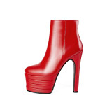Warm solid color round head waterproof platform with a 15cm heel size 40 for women's red genuine leather boots