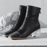 European and American brand leather is pointed the transparent thick heel female short boots