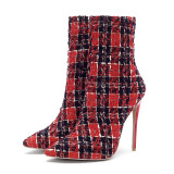 Fashionable plaid gingham pointed toe head slender heel stilettos heels 12cm women's boots large size ankle boots sexy